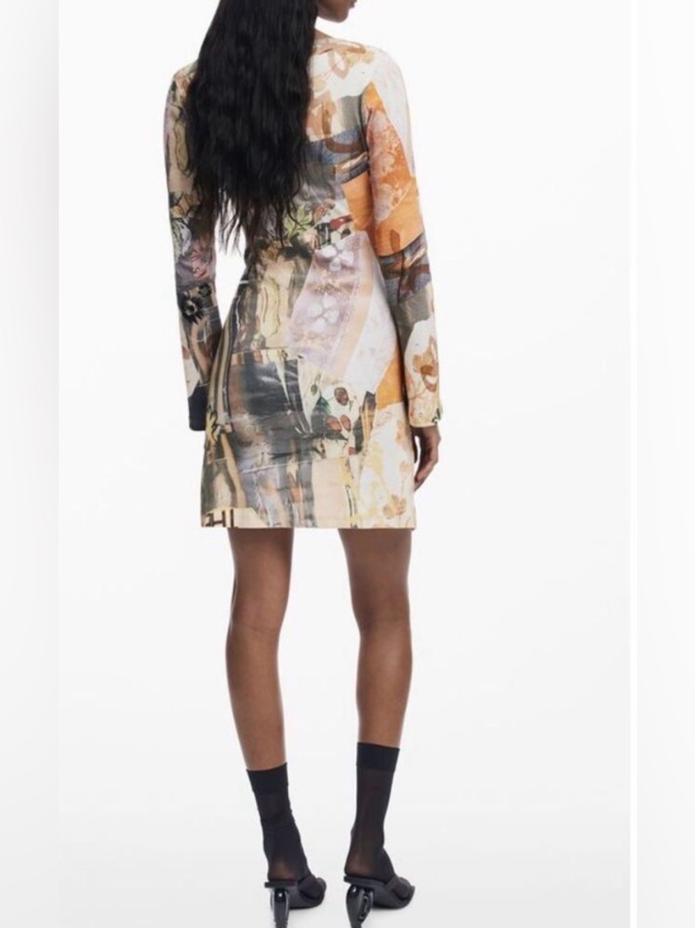 Desigual Cut Out Space Dress Women's Sz M - NEW! Long Sleeve Soft Beige Multi - Picture 2 of 10